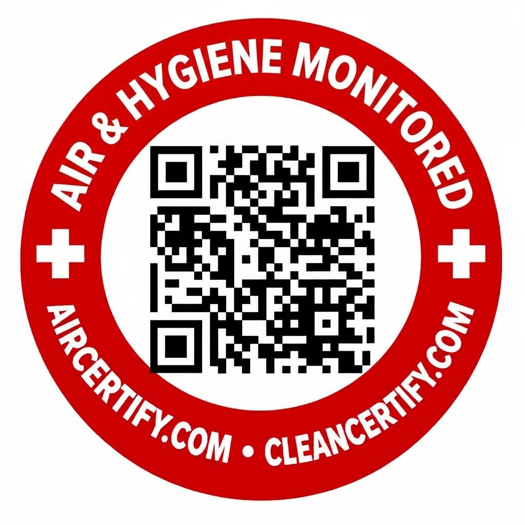 Air and hygiene monitored facility seal with QR code